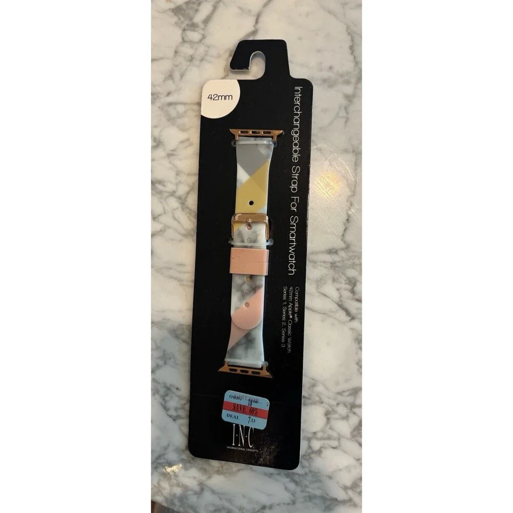 I.N.C. Women's Pink Gray Marbled Rose Gold 42mm Apple Watch Band Strap Wristband